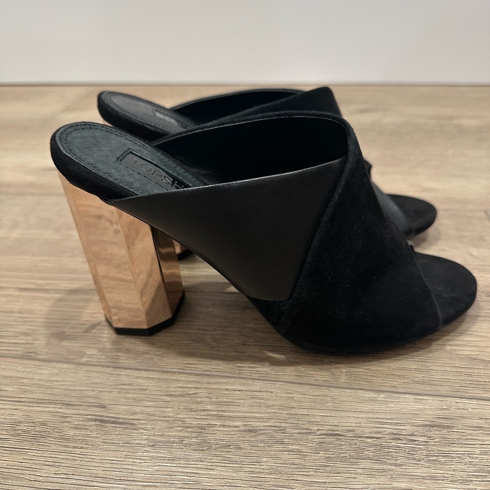 Topshop Razzmatazz black suede mule heel gold-tone geometric block heel spring 7